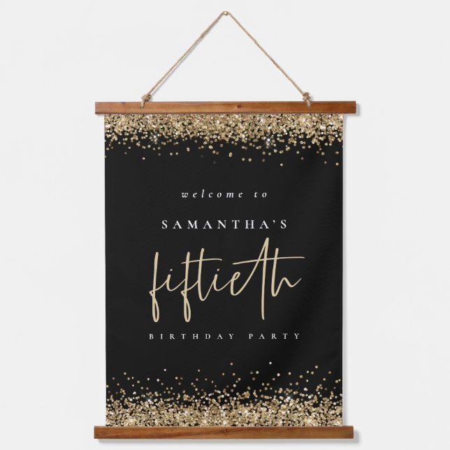 Welcome Fiftieth Gold Glitter Name Black Hanging Tapestry (Front)