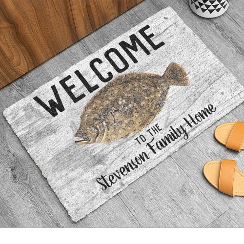 Welcome Fishing Flounder Family Name Rustic Doormat