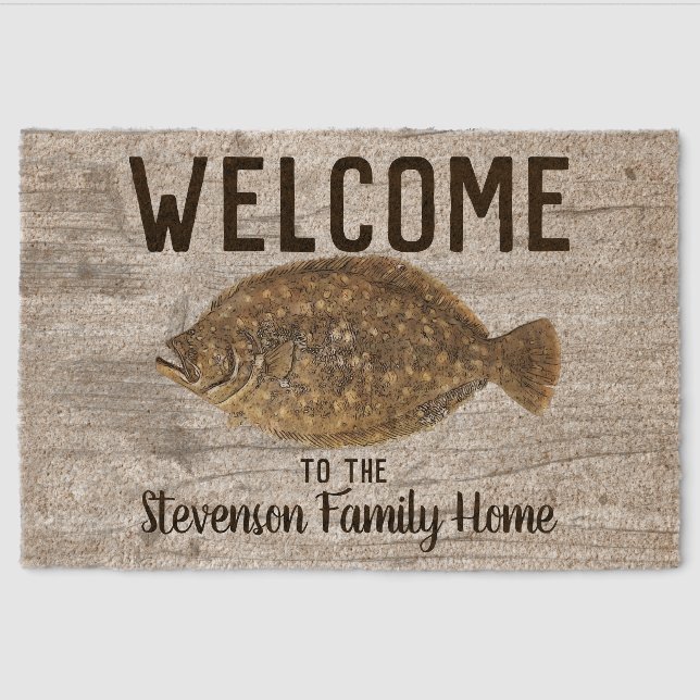 Welcome Fishing Flounder Family Name Rustic Fiber Doormat (Front)