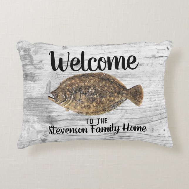 Welcome Fishing Flounder Family Name Rustic Fish Accent Pillow (Front)