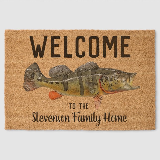 Welcome Fishing Peacock Bass Family Name Home Fiber Doormat (Front)