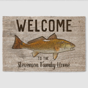 Welcome Fishing Redfish Family Name Home Cottage Fiber Doormat