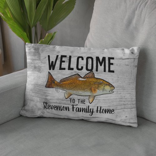 Welcome Fishing Redfish Family Name Home Cottage Lumbar Pillow