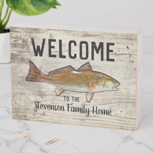 Welcome Fishing Redfish Family Name Home Cottage Wooden Box Sign