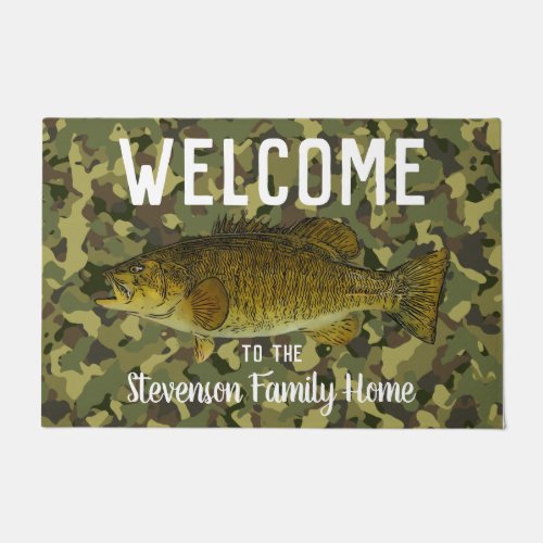 Welcome Fishing Smallmouth Bass Family Name Camo Doormat