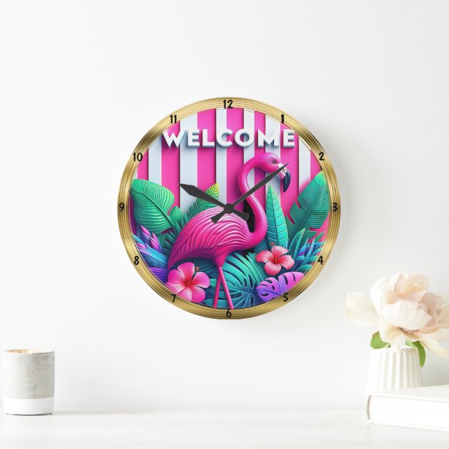 Welcome Flamingo Tropical Stripe Large Clock (Home)