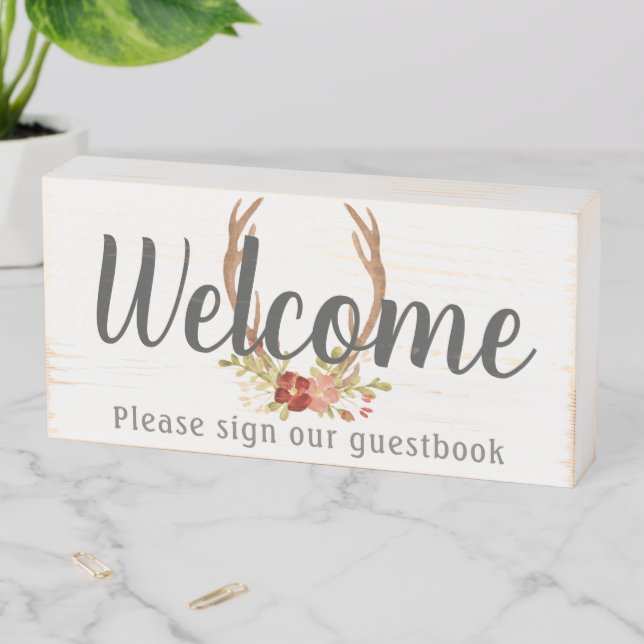 Welcome Floral Antlers Guestbook Wooden Box Sign (In Situ Horizontal)