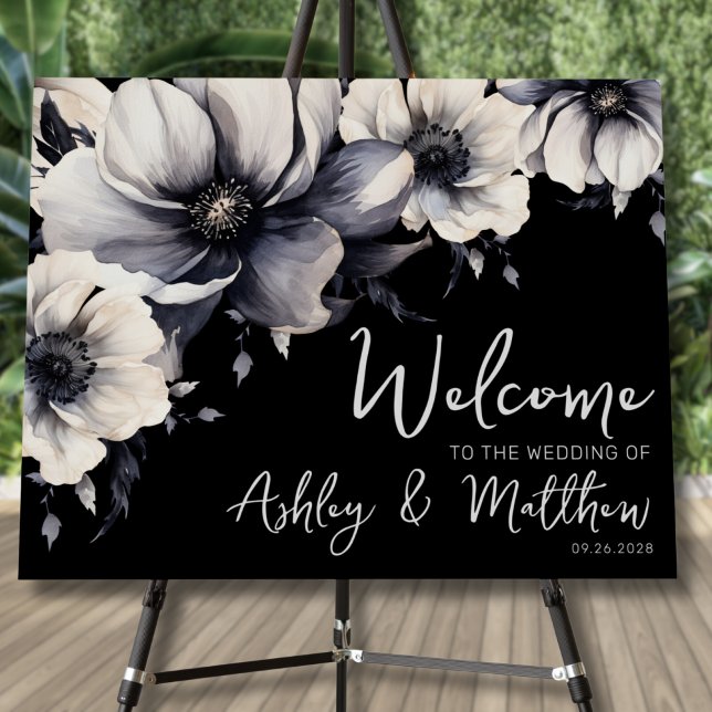 Welcome Floral Black Wedding Foam Board (2 Sided Chic Floral Black Wedding Welcome Sign Foam Board)
