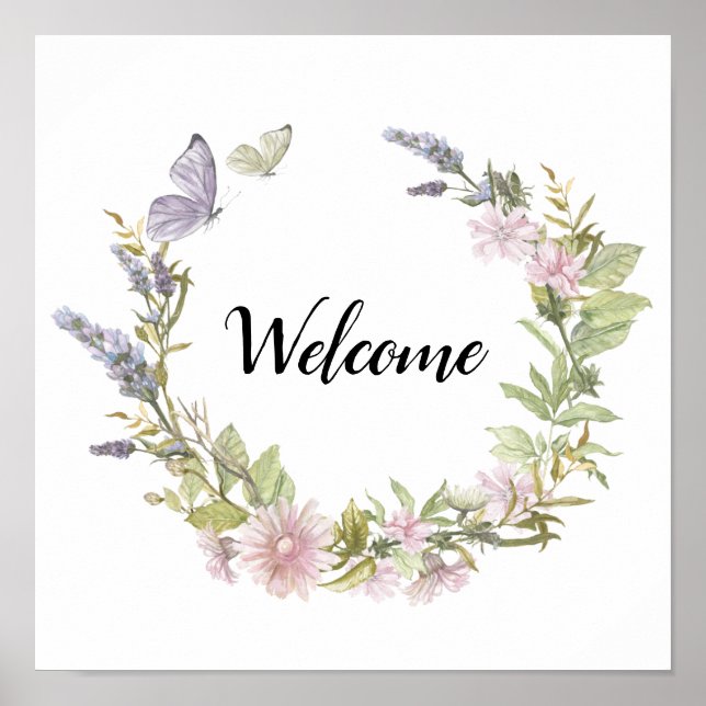 Welcome Floral Butterfly Wreath Poster (Front)