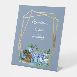 Welcome floral dusty blue Hydrangeas basket Pedestal Sign