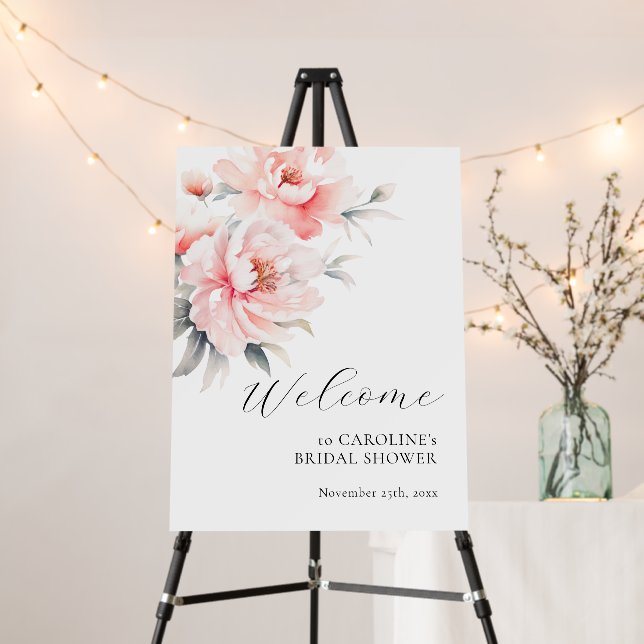 WELCOME Floral Peonies Blush Pink BRIDAL SHOWER Foam Board (In Situ (Stand))