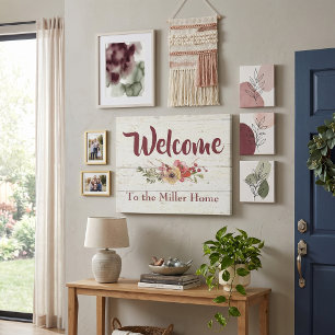 Welcome floral personalized family name faux canvas print