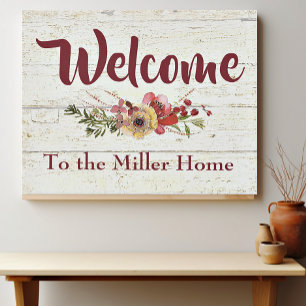 Welcome floral personalized family name faux canvas print