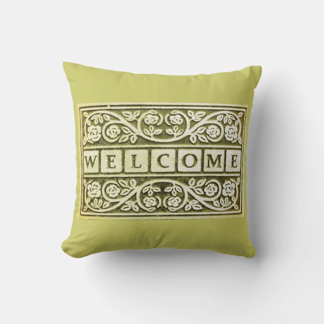 Welcome Floral Scroll Sage Throw Pillow (Front)