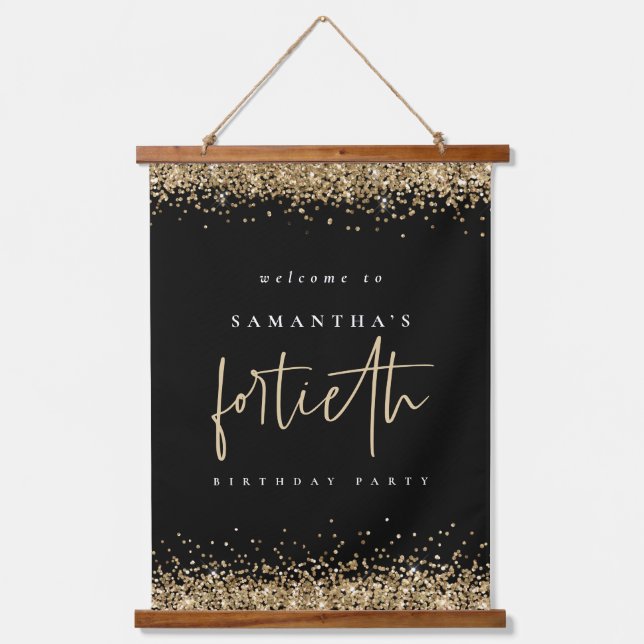 Welcome Fortieth Gold Glitter Name Black Hanging Tapestry (Front)