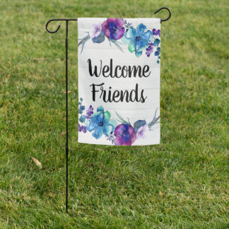Welcome Friends Blue Purple Floral Garden Flag
