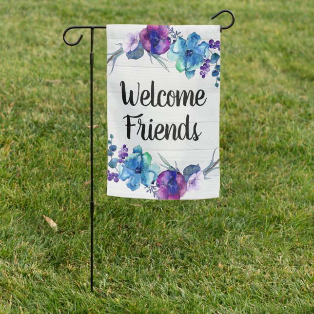 Welcome Friends Blue Purple Floral Garden Flag (In SItu)