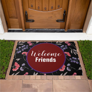 Welcome Friends Burgundy and Purple Berries Art Doormat