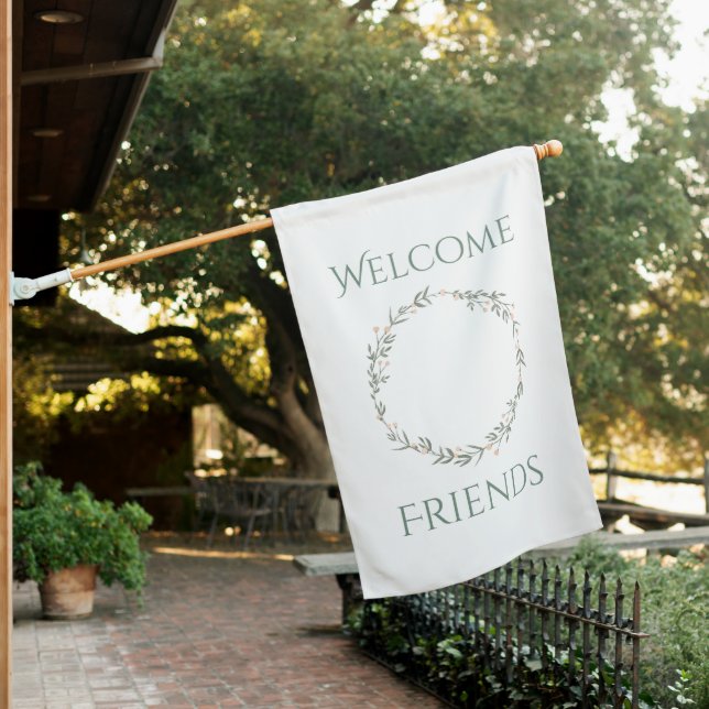 Welcome Friends Farmhouse Wreath  House Flag (In SItu)