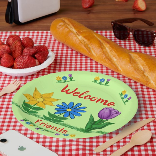 Welcome Friends Garden Flowers Light Green Paper Plates (Picnic)