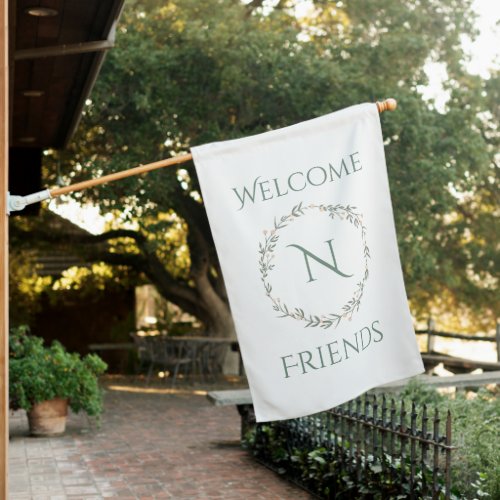 Welcome Friends Monogram Farmhouse Wreath House Flag