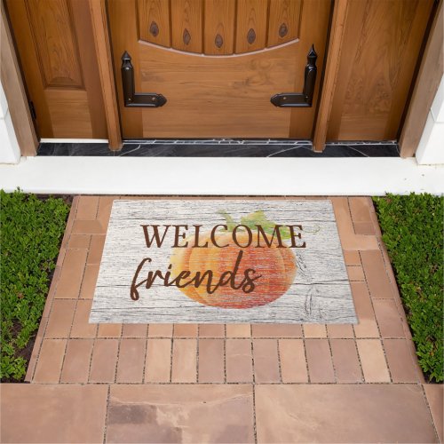 Welcome Friends Pumpkin On Weathered Wood Planks Doormat