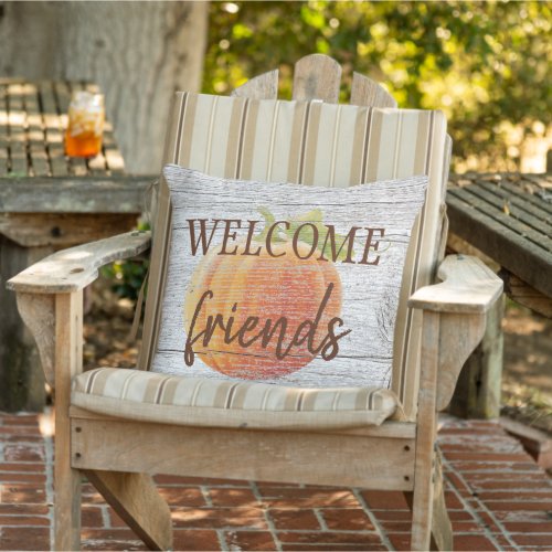 Welcome Friends Pumpkin On Weathered Wood Planks Outdoor Pillow