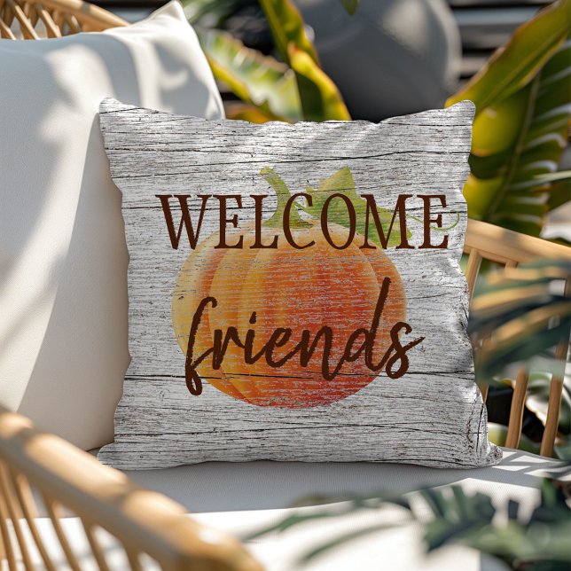 Welcome Friends Pumpkin On Weathered Wood Planks Outdoor Pillow (Creator Uploaded)