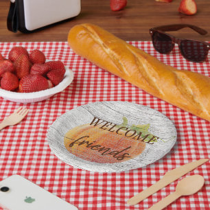 Welcome Friends Pumpkin On Weathered Wood Planks Paper Plates