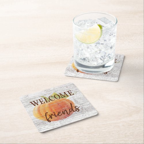 Welcome Friends Pumpkin On Weathered Wood Planks Square Paper Coaster