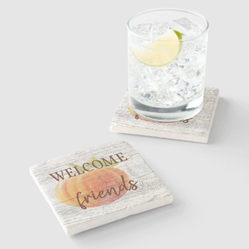Welcome Friends Pumpkin On Weathered Wood Planks Stone Coaster