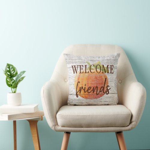 Welcome Friends Pumpkin On Weathered Wood Planks Throw Pillow