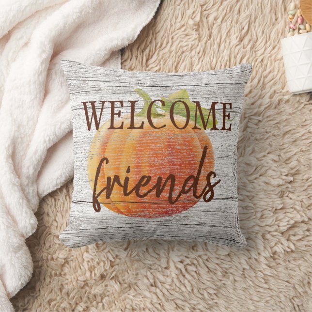 Welcome Friends Pumpkin On Weathered Wood Planks Throw Pillow (Blanket)