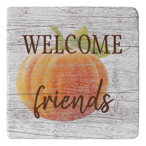 Welcome Friends Pumpkin On Weathered Wood Planks Trivet
