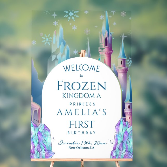 Welcome Frozen Kingdom 1st Birthday Cartoon Castle Acrylic Sign (Neutral)