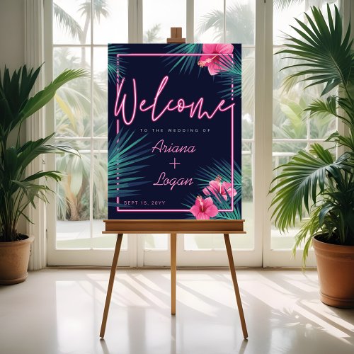 Welcome Fun Neon Pink Tropical Floral Palm Wedding Foam Board