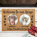 Welcome Funny Dogs House Custom 2 Pet Photo Doormat<br><div class="desc">Welcome guests with this funny doormat ! "Welcome to our House." Personalize with your pets photos and names. This Welcome Doormat features rustic natural faux coir and black design with paw prints. COPYRIGHT © 2022 Judy Burrows, Black Dog Art - All Rights Reserved. Welcome Funny Dogs House Custom 2 Pet...</div>