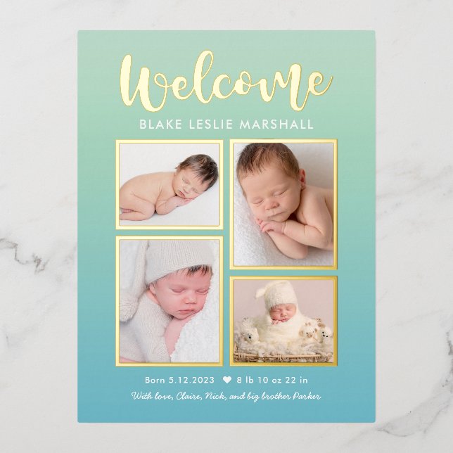 Welcome Gallery Foil Birth Announcement Postcard (Front)