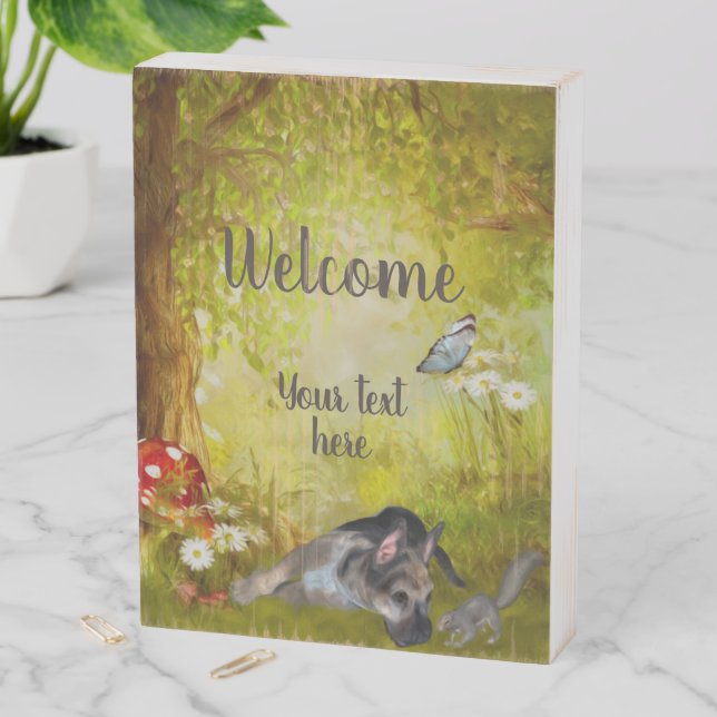 Welcome German Shepherd Fantasy Personalized Wooden Box Sign (In Situ Vertical)