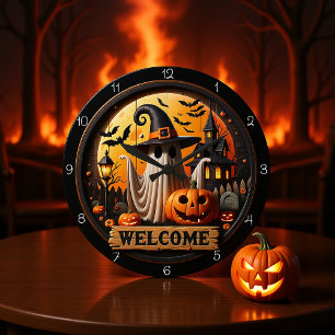 Welcome Ghost Halloween Night Large Clock