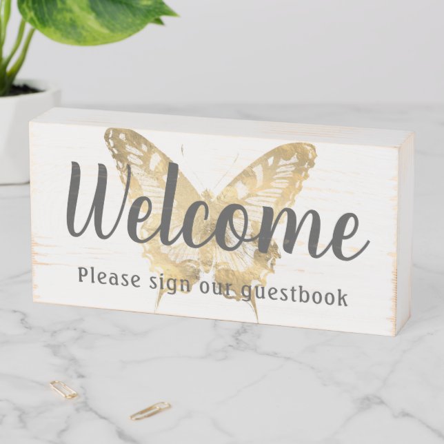 Welcome Gold Butterfly Guestbook Customizable Wooden Box Sign (In Situ Horizontal)