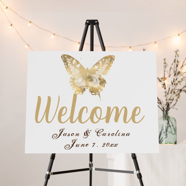 Welcome Gold Butterfly Wedding Customizable Foam Board (In Situ (Stand))