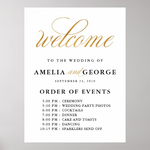 Welcome gold faux order of events wedding sign