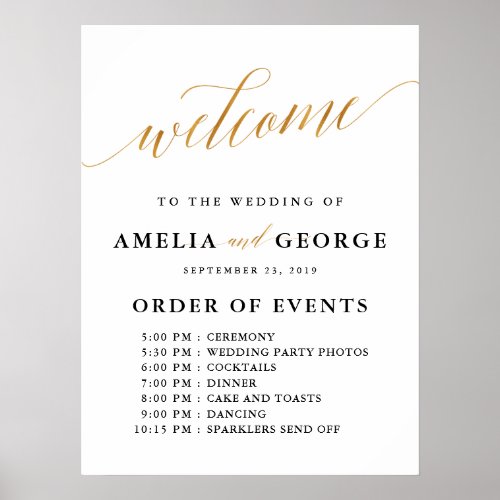 Welcome gold faux order of events wedding sign
