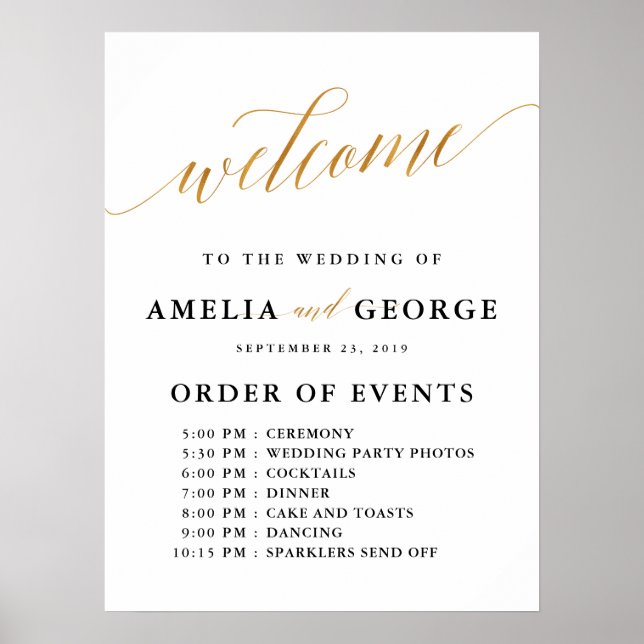 Welcome gold faux order of events wedding sign (Front)