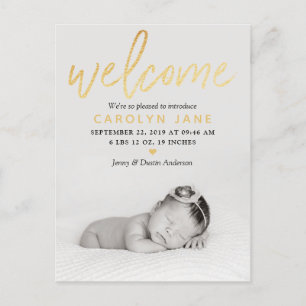 "Welcome" Gold Foil Photo Birth Announcement