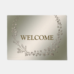 Welcome Golden Floral Leaves Wreath Elegant Rustic Doormat