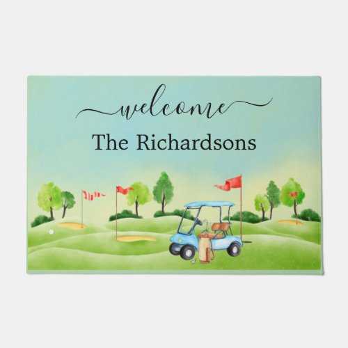 Welcome Golf Course Cart Family Name     Doormat