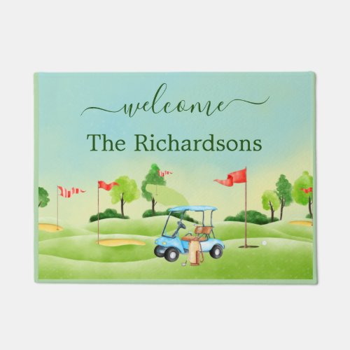 Welcome Golf Course Cart Family Name    Doormat
