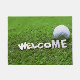 Welcome golfer with golf ball on green grass doormat